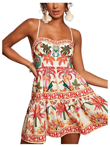 Floerns Women's Floral Boho Mini Dress Spaghetti Strap Vintage Tiered Ruffle Summer Beach Vacation Short Dresses Beige Multi Small