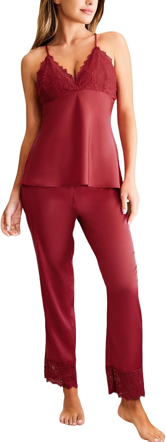 CUPSHE Womens Satin Pajamas Set Silk Sleeveless Pjs Sets Lace Camisole Top and Pants