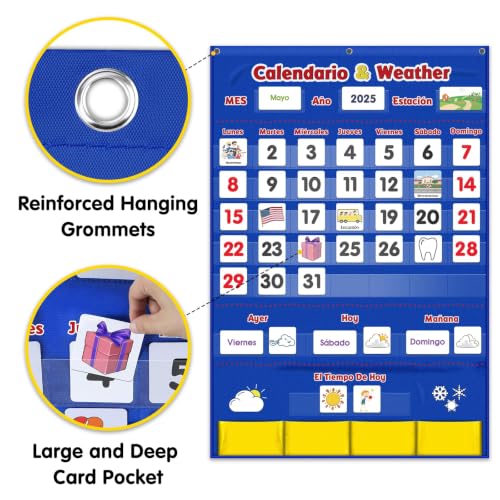 Image of Spanish Calendar and Weather Pocket Chart, Classroom Organized Chart, 140 Pieces (Spanish)