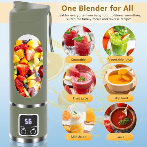 Image of Portable Electric Blender Bottle with Digital Display, Rechargeable Smoothie Maker, USB Juicer Mixer Grinder for Shakes, Juices, Baby Food & Protein Drinks Leakproof & Travel Friendly (Green)