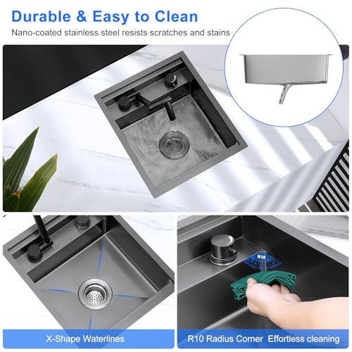 Image of 15 inch x 18 inch RV Kitchen Sink with Fold-Down Faucet - 18 Guage Stainless Steel Undermount Bar Sink for Campers and Small Spaces(Black)
