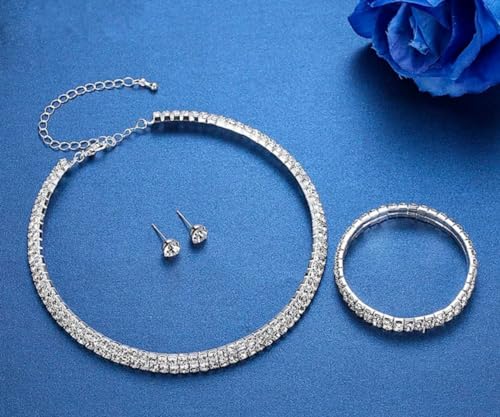 Conjunto Pulseira Colar Brincos Prata Strass E Zircônia Brilhantes Kit Feminino 4 Peças Para Festas