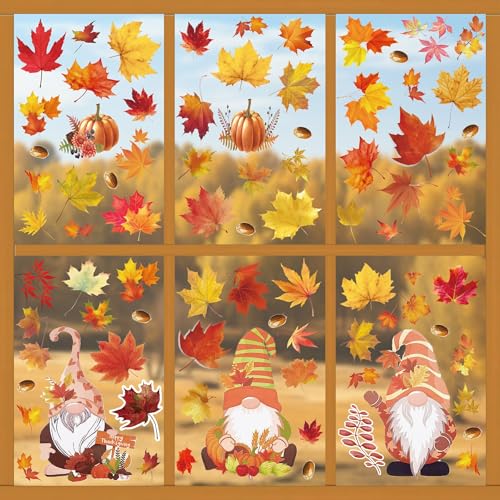 100PCS Autumn Decorations Window Clings – 6 Sheets Autumn Leaves, Pine Cones & Gnome Window Stickers for Kids, Reusable Autumn Home Decor, Fall Window Decorations for Glass & Mirrors