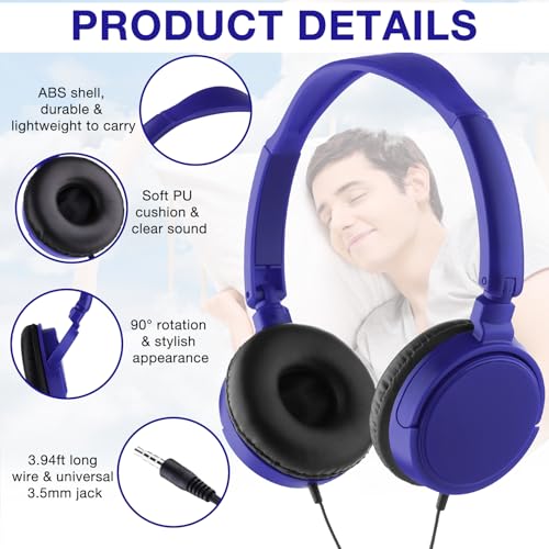 Image of Yunsailing 6 Pack Classroom Headphones Bulk, Wired Headphones,Navy Blue | Student School Supplies, Individually Wrapped, Adjustable, over Ear Head Earbuds, for Laptop PC Computer