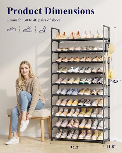 Kitsure-10-Tier-Shoe-Rack-Tall-Shoe-Organizer-322-Wide-Black-Large-Capacity-Shoe-Storage-with-Hooks-Shoe-Shelf-for-Closet-Entryway-Bedroom-Living-Room-Zapateras-Organizer