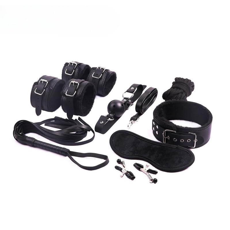 Ensemble De Huit PièCes Noir en Cuir Fouet en Peluche Et éQuipement RéGlable Sport Set, Cadeau pour Couple - H16