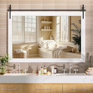 Hasipu Farmhouse Bathroom Mirror 55×36 Rustic Wood Framed Wall Mounted Mirror White Vintage Vanity Mirror Barn Door Style Decrative Mirrors