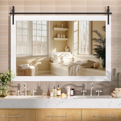 Hasipu Farmhouse Bathroom Mirror 55×36 Rustic Wood Framed Wall Mounted Mirror White Vintage Vanity Mirror Barn Door Style Decrative Mirrors