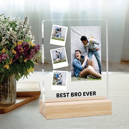 Image of Giftplease Customized Photo And Text Frame With Wooden Stand | Personalised Printed Photo Frame | Gift For Brother | Birthday | (Transparent, 5MM, 6 * 8 Inches), Tabletop BG 08