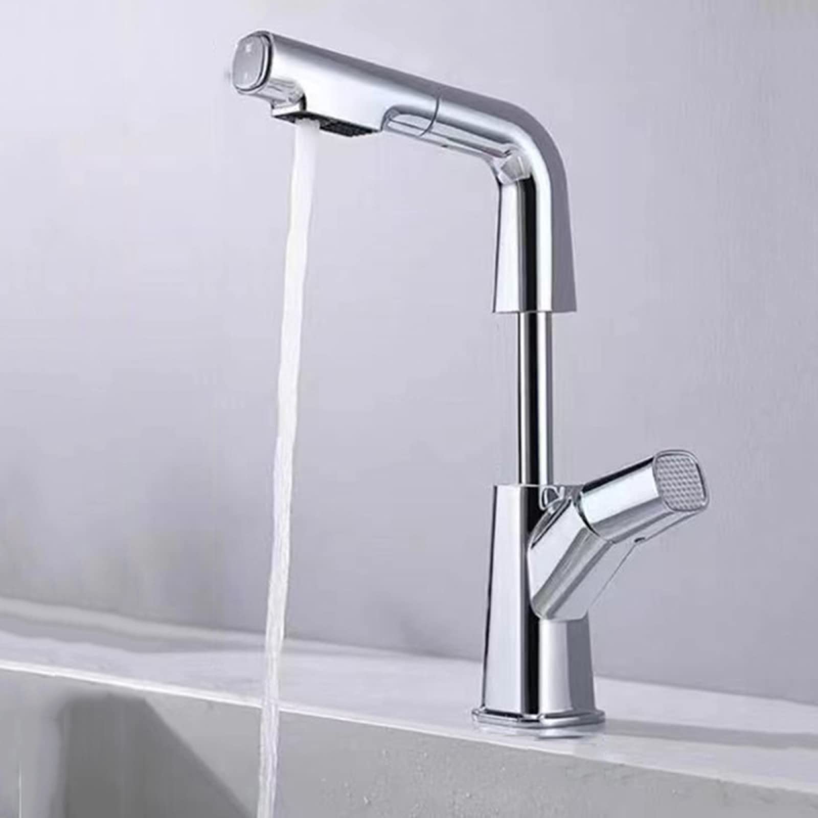 Robinet lavabo relevable en laiton gris avec douchette extractible 2 jets eau chaude froide