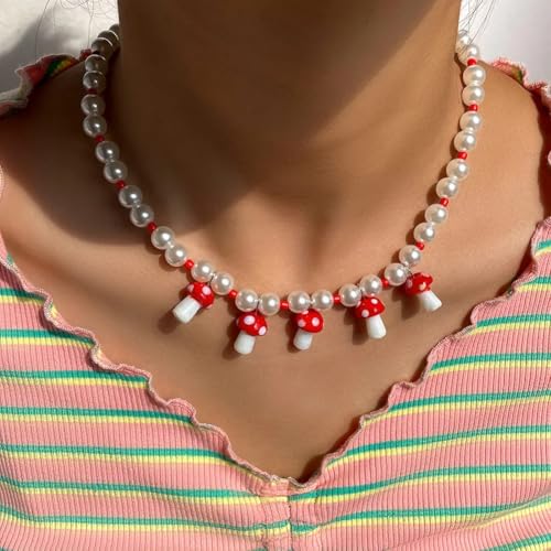 Collier champignons en argent et perles multicolores style bohème chic