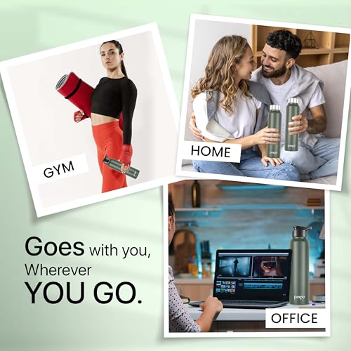 Image of Go24 pexpo Water Bottle 1 ltr Stainless Steel Sports /Fridge Bottle with Dual Cap Customize | Single Wall | For Home, Office, Gym, Travelling | Lightweight | BPA Free | Chromo 950ml |Military Green