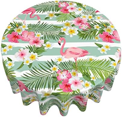 FlamingoTablecloth Tropical Palm Leaves and Flowers Round Table Cloths Summer Turquoise White Stripes Circular Table Cover Washable Polyester Tabletop for Dining Kitchen Picnic Party Decor 60 Inch