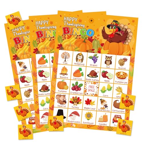 YQUQWN Thanksgiving Bingo Game Card Set 24 Player Classic Thanksgiving Elements Design Holiday Turkey Bingo Game for Party Gifts Friendsgiving Family Gathering Office Party Holiday Activities