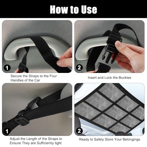 Gepäcknetz Auto für Aufbewahrung, 74 x 53 cm Universal Autodach Gepäcknetz Decke mit Reißverschluss, mit 2 Haken, Verstellbare, für Vier Dacharmlehnen, Van und die Meisten Fahrzeugtypen (Schwarz)
