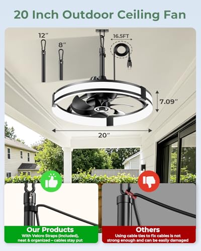 Ausic 20" Outdoor Ceiling Fan with Light, IP65 Waterproof Outdoor Gazebo Fan for Patios, Plug in Caged Hanging Fan with Remote Control Smart App 3CCT 6-Speeds for Garage, Porch, Deck, Pergola - image 7