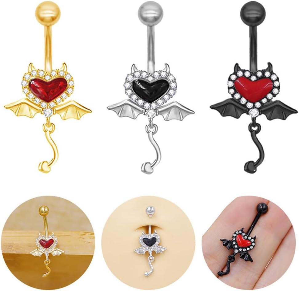 14G CZ Devil Heart Belly Button Rings for Women 316L Stainless Steel Bat Dangle Belly Rings Navel Curved Barbell Studs Dainty Belly Piercing Jewelry 3/8 Inch - Image 2