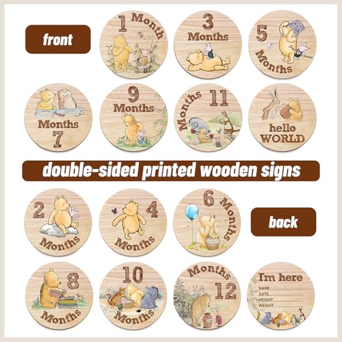 Image of 7Pcs Baby Monthly Milestone Circles, Winnie Baby Stuff, Double-Sided Printing Months Baby Milestone Wooden Keepsake, Milestone Wooden Circles Stuff for for Documenting Growth