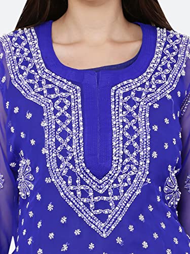 Image of FAWOMENT Women's Designer Georgette Straight Kurta with Hand Crafted Lucknowi Chikankari Embroiderey Emblemished Moti Work Along