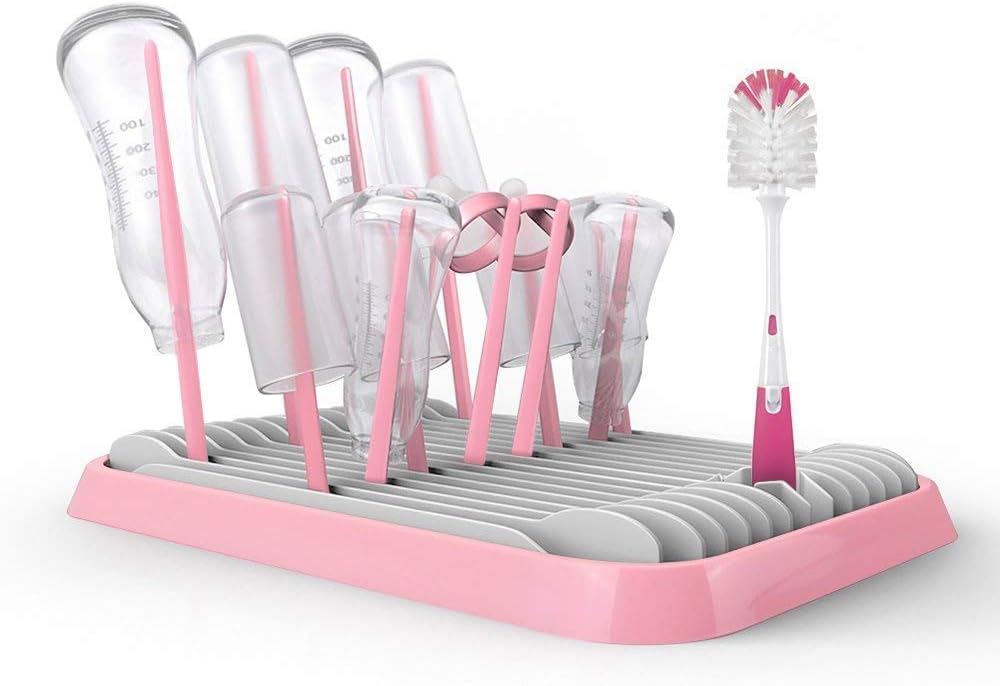 Sankoo Baby Bottle Drying Rack with Tray，High Capacity Foldable Countertop Bottle Holder for Bottles, Teats, Cups, Pump Parts and Accessories (Pink)