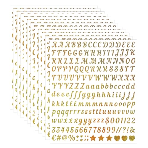 12 Sheets Letter Stickers Alphabet Number Stickers for Scrapbook & Planner Decorative Letter Decals with Symbols ABC 123 for Journal Highlights DIY Crafts Party & Holiday DecorationGold