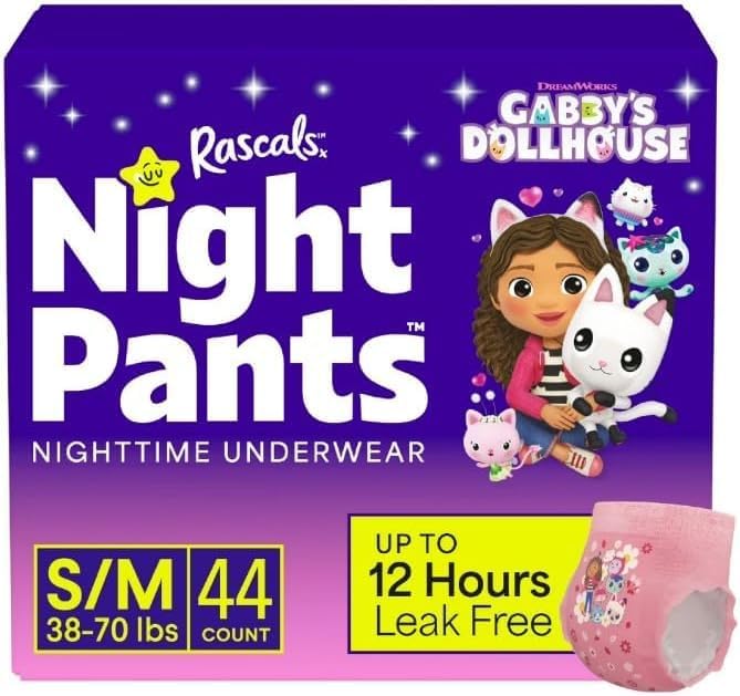 Rascals + Friends Night Pants, Absorbent Girls Nighttime Bedwetting Underwear ~ (S/M, 44, Count)