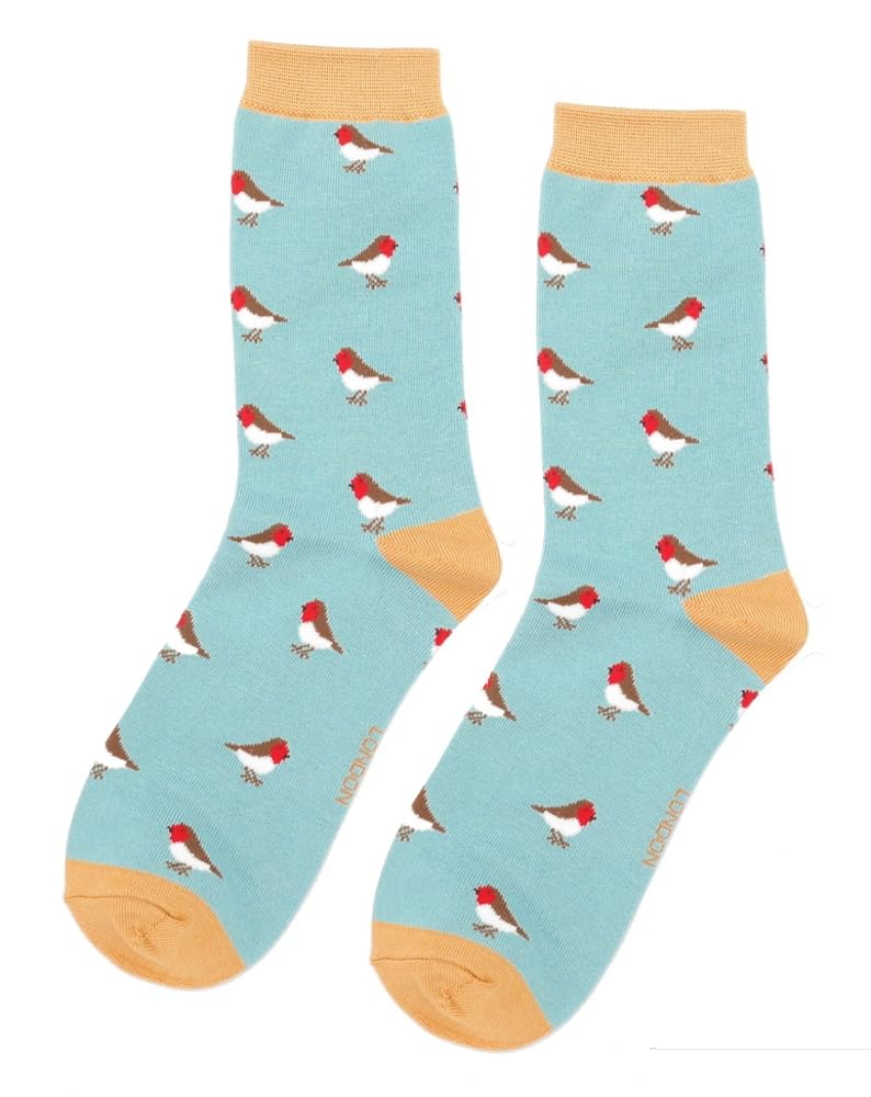 Lilyrosa Women's Green Robin Birds Socks Robins Bird Girls Bamboo Mix Uk Size 3 To 7, Red Mustard Grey (Green)