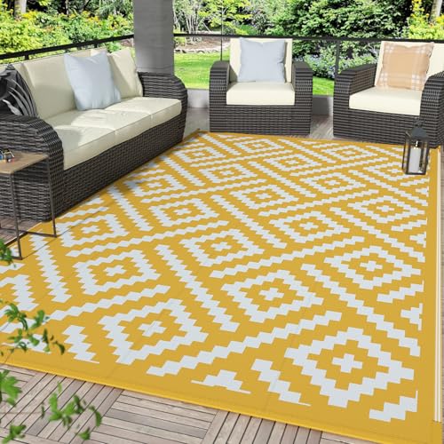 GENIMO Outdoor Rug for Patio Clearance 6x9 Reversible Plastic Straw Rugs Lightweight Waterproof RV Camping Mat for Camper Balcony Deck Backyard Picnic Yellow & Beigewhite