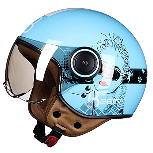 Casque De Moto Ouvert, 3/4 Adulte Rétro Moto Demi-Casque Avec Pare-Soleil Certifié DOT Cyclomoteur Scooter Casque Hommes Femmes Été Scooter Léger Cyclomoteur Casque,Girl blue,XL