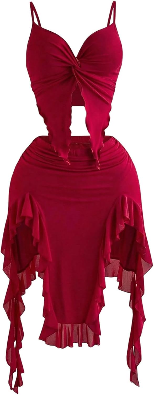 Verdusa Women's 2 Piece Rave Outfits Asymmetrical Slit Crop Camisole Tops with Ruffle Skirt Matching Sets