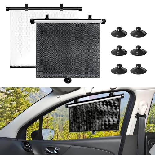 Hovom 2PCS Car Window Shades for Baby, 17.72"×15.75" Retractable Roller Auto Side Window Sun Shade with Suction Cups, Window Covers for Heat, UV and Sun Glare Protection, Car Accessories (Black+White)