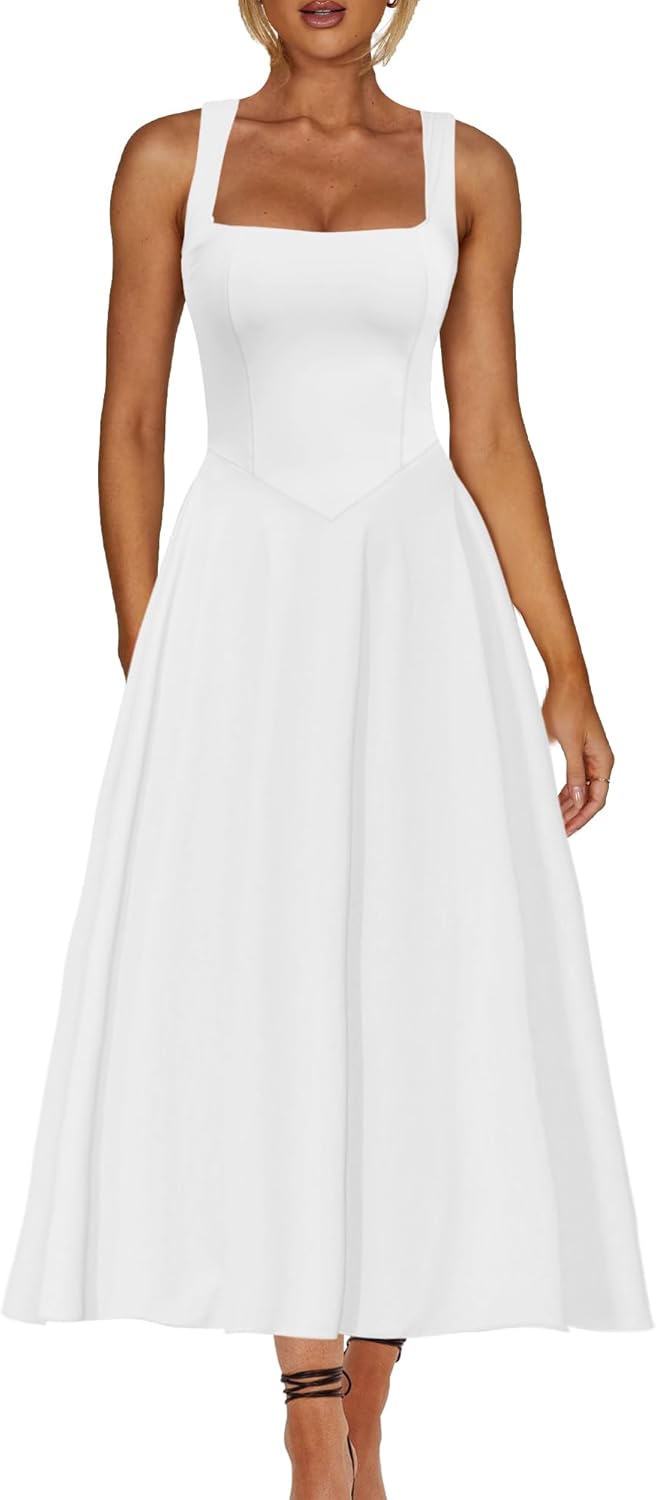 Kaximil Women's Square Neck Sleeveless A Line Maxi Dress Smocked Ruffle Flowy Casual Long Dresses