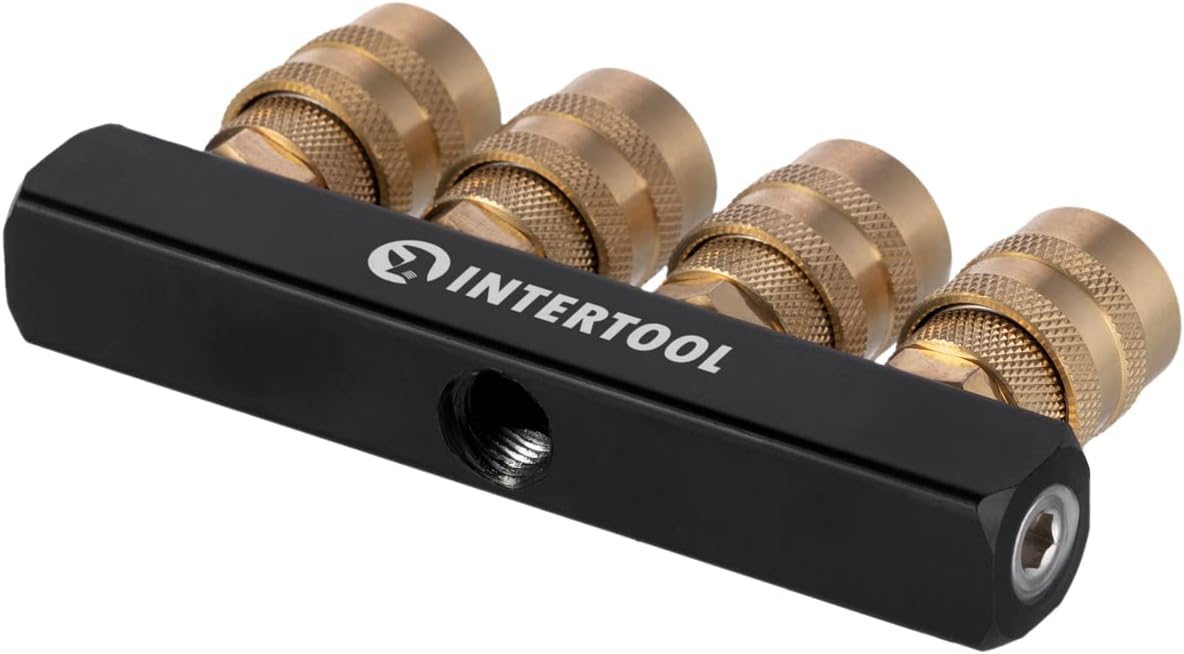 INTERTOOL 4-Way Straight Air Splitter Manifold, 1/4 inch, Female NPT, Block, Brass Quick Coupler Connectors PT08-1856