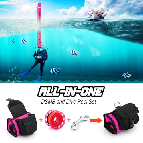 Image of Surface Marker Buoy Scuba with Reel, 5ft High Visibility Diving Open Bottom Signal Tube Safety Sausage with Pouch Bag, 100ft ABS Dive Reel and Steel Double-Ended Bolt Snap (Hi-Vi Pink)