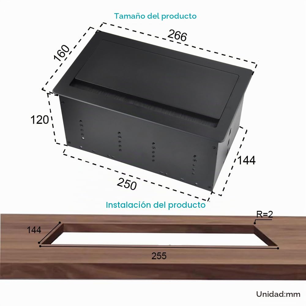 Tomacorriente de mesa, regleta de enchufes con receptáculos encastrados de aluminio 2 x Schuko 1 x cargador USB-A+C (PD 65W) 1 x CAT6 1 x HDMI 1 x USB-C 1 x cable de alimentación de 1.7m 4 x agujeros