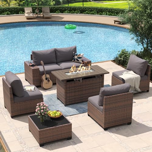 Aoxun 7 Piece Patio Furniture Set with Wide Armrests & 44” Fire Pit Table Wicker Rattan Outdoor Sectional Sofa Set with Coffee Table and Thickened Cushions, Brown/Gray(Waterproof Cover Included)