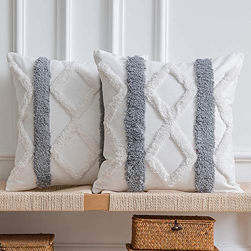 DEZENE Boho Throw Pillow Covers: 2 Pack 100% Cotton Woven Tufted Decorative Square Pillowcases for Couch Sofa Bed, Accent Cushion Covers for Farmhouse, Kids, 18 x 18 Inch