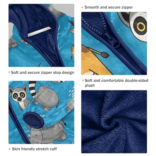 Animal Print with Blue Background Toddler Fleece Jacket Girl Boys Hooded Fleece Jacket Coat Warm Outwear Zip-up 3-10T3