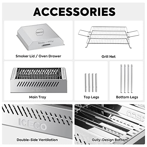 Iceco Hg72S Portable Charcoal Grill And Smoker, Height-Adjust Bbq Camping Grill With Lid, Folding Yakitori Grill, Stainless Steel Tabletop Grill Pizza Oven With Carrying Bag For Patio Backyard Outdoor #TOP5