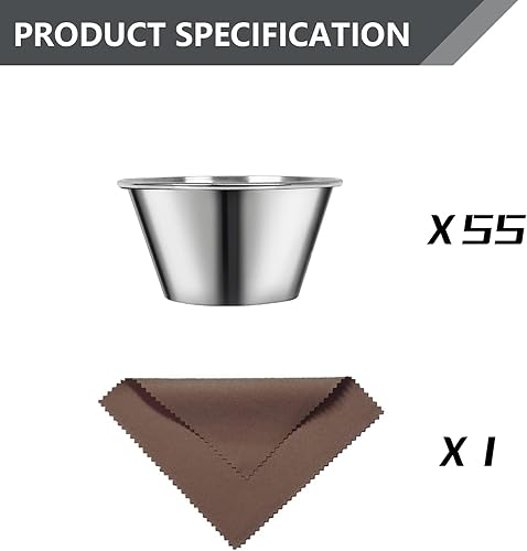 Miniatura 3 de Artcome Paquete de 55 tazas de salsa de condimentos de acero inoxidable, ideales para inmersión y tazas de porciones, 2.5 onzas