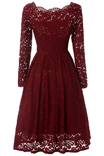 Beauty-Emily Women's 1950s Vintage Lace Dress Long Sleeve Short Party Dresses Slim Formal Dress,Color Burgundy, Size XL