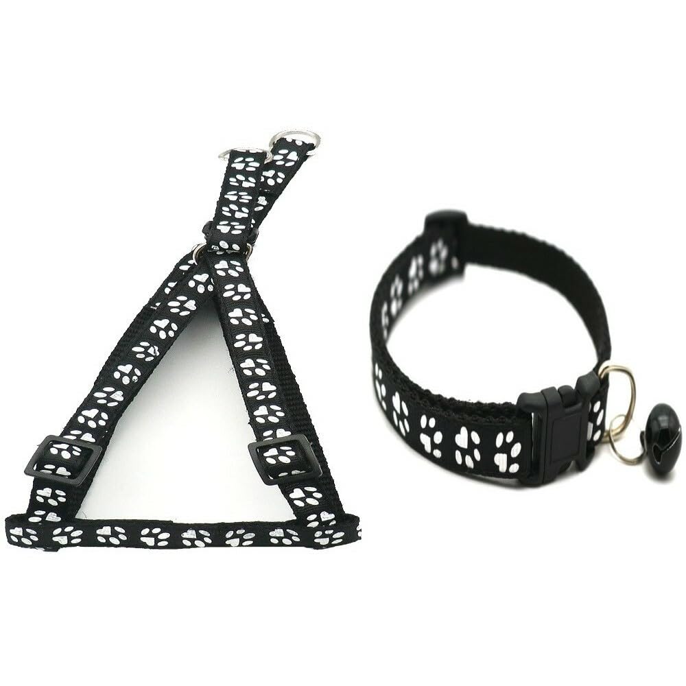 Small Dog Puppy Pet Collar and Harness Set Pawprint Design Nylon Adjustable Neck Size 19-32cm and Chest Size 21-34cm Black - Image 2