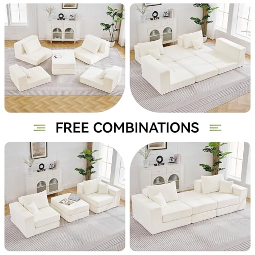 Image of 79 inch Boneless Cloud Loveseat Sofa Couch, Modular Tufted Foldable Floor Sofa with Ottoman, Chenille Lounge Convertible Sofa Bed for Living Room, No Assembly, Beige