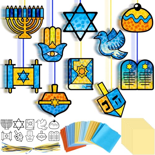 Eersida 32 Pcs Hanukkah DIY Craft Kits, Chanukah Stained Glass Effect Tissue Paper Crafts Star of David Jewish Menorah Hanging Ornaments Suncatchers Craft for Window Classroom Decor Art Activities
