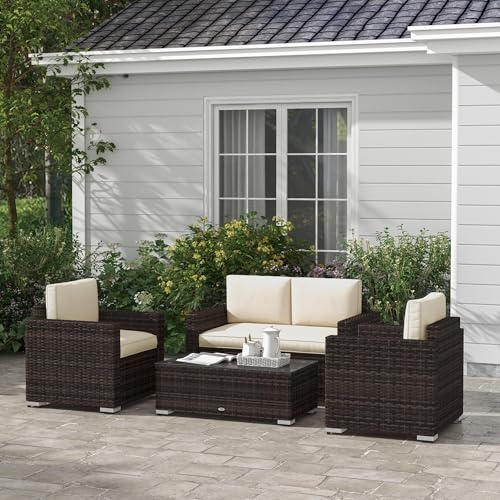 Outsunny 4 Piece Wicker Patio Furniture Set with Cushions, Outdoor Sectional Furniture with 2 Sofa, Loveseat, and Glass Top Coffee Table, Conversation Sofa Sets for Garden, Khaki