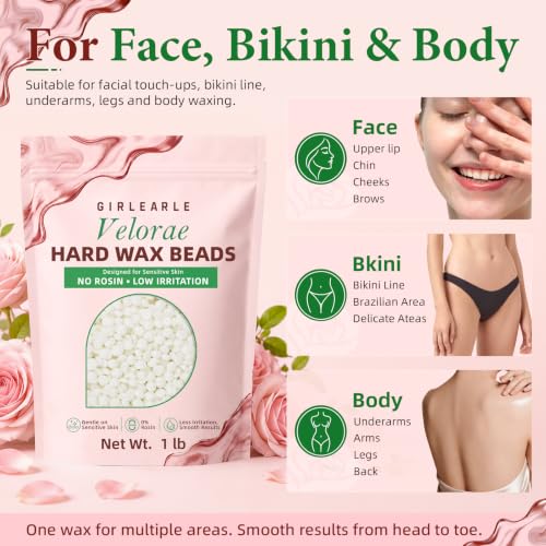 Image of GIRLEARLE 2 x 1lb, 2 Pack Rosin-Free White Hard Wax Beads for Hair Removal | Unscented Hard Wax for Professional Full Body Women Men, at Home Waxing Beads for Sensitive Skin Body, Brazilian Bikini, Legs