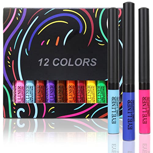 UB Liquid Eyeliner Colorful Set,12 Matte Neon Color Eyeliner Waterproof Eye Liner Pencil Long Lasting Smudge Proof Eyeliner White Blue Red Green Colored Eyeliner Gel Eye Makeup Gift Kit for Women