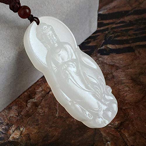 Koraba Fine Jewelry Natural Afghanistan White Jade Station Kwan-yin Bodhisattva Guanyin Pendant Necklace