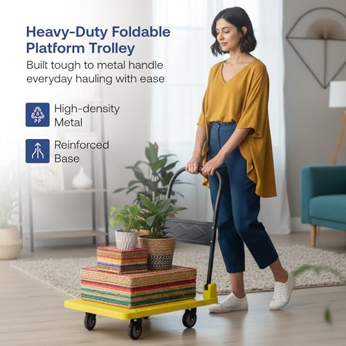Image of BonKaso 150Kg Heavy-Duty Platform Trolley | Foldable Metal Hand Truck with 4 360 Rotating TPR Wheels & Cushioned Grip Handle | Industrial, Warehouse, Office & Home Use (68.5x47x77.5cm) Yellow