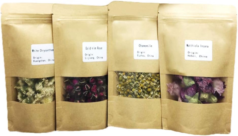 MinaJoy Four Packs Dried Flowers Rose Buds, Chrysanthemum, Chamomile for Flower Tea, Food Decoration, Sachet, Handmade soap and Candle Supplies